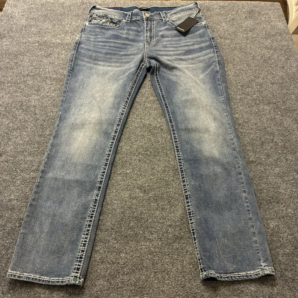 True Religion Big T Flap Faded Straight Leg Jeans Mens 36x32 Thick Stitch Denim